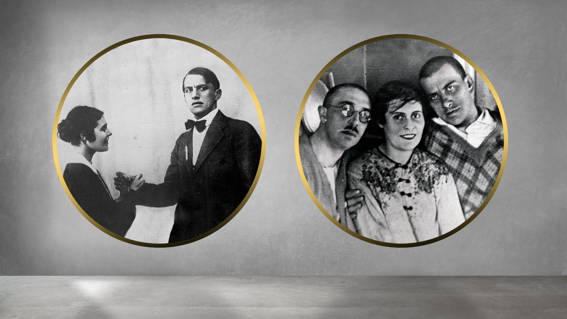 左：リーリャ・ブリークとウラジーミル・マヤコフスキー、映画「映画に身を縛られて」1918年。右：オシップ、リーリャ・ブリークとウラジーミル・マヤコフスキー、1920年代。