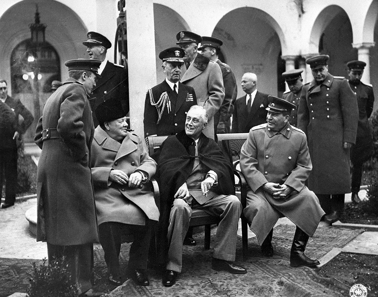 The Yalta (Crimean) conference of three allied powers on February 4-11, 1945. In the center (seating from left to right): British Prime Minister Winston Churchill, US President Franklin Delano Roosevelt and Marshal of the USSR Joseph Stalin.
