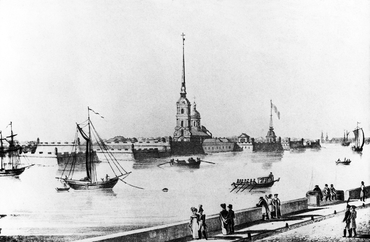  Boats on the Neva River in front of the Peter and Paul Fortress - lithograph - Early 19th century