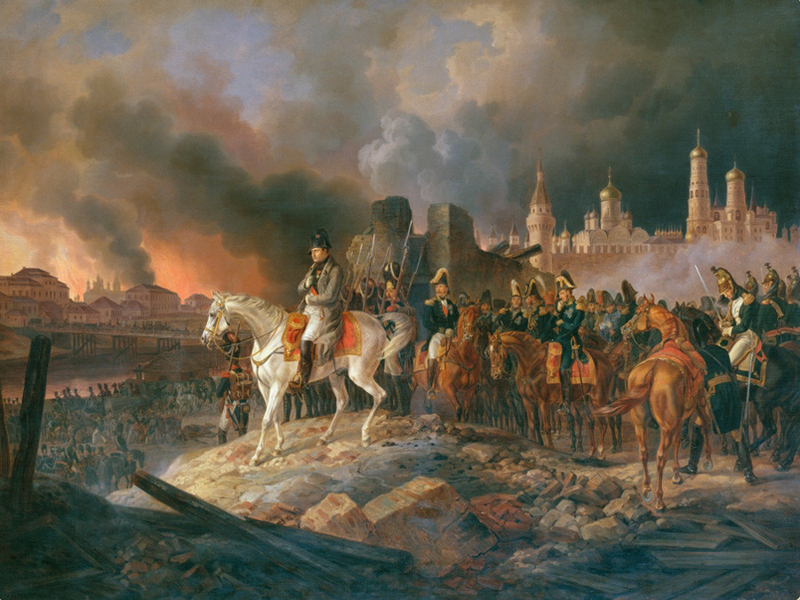 「燃えているモスクワでのナポレオン」。画家：アルブレフト・アダム。1841年。