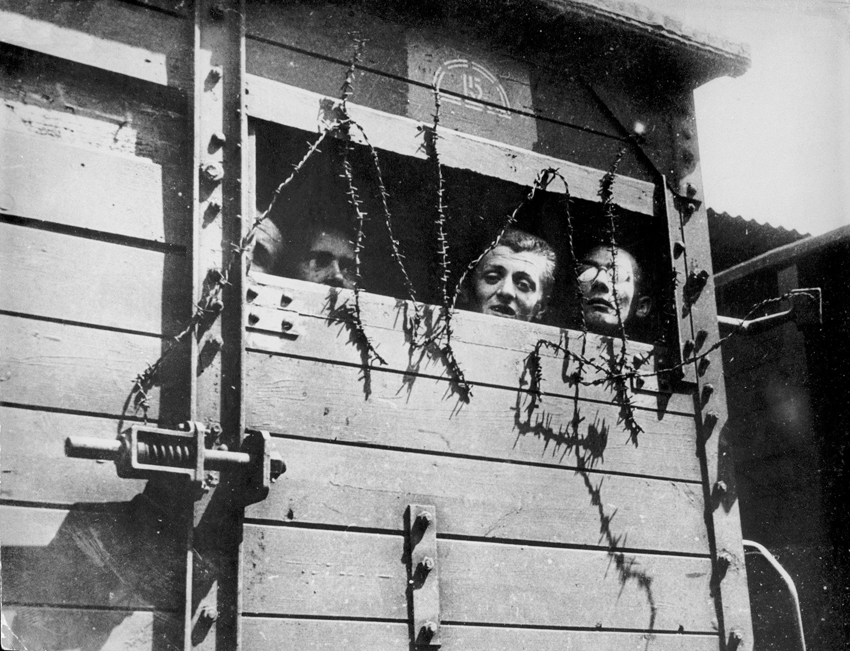 Interniranci na poti v koncentracijsko taborišče na Poljsko gledajo ven iz transportnega vagona, 1943.