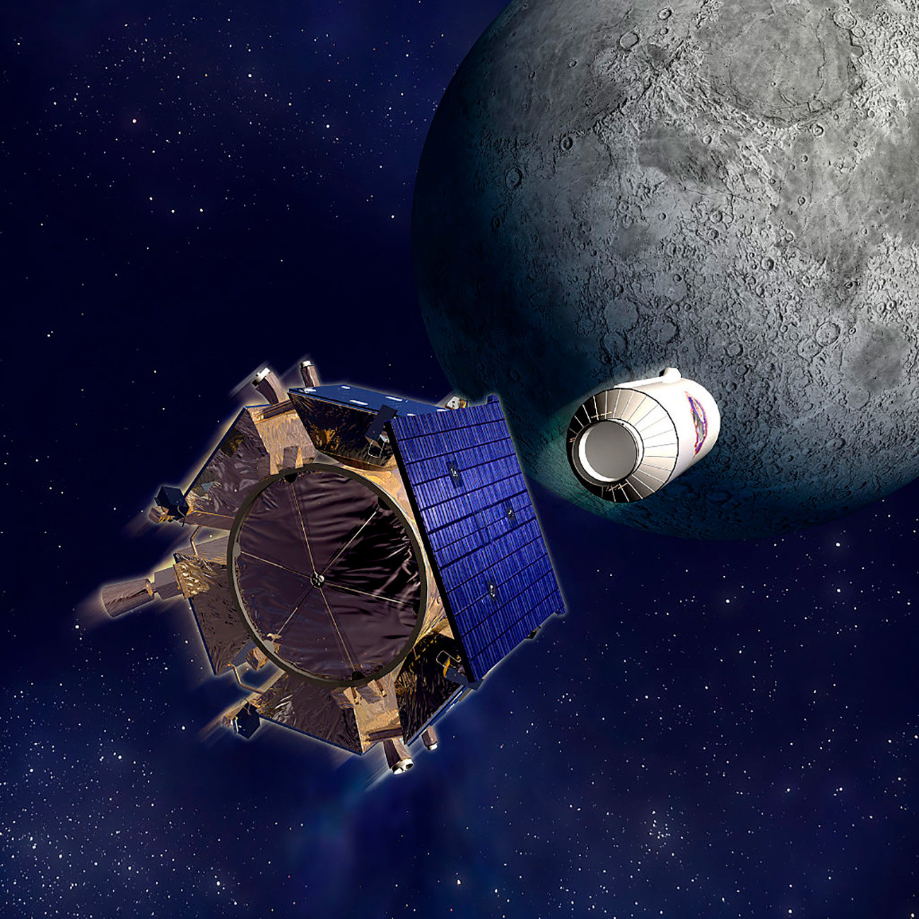 Илустрација међупланетарне космичке станице LCROSS и модула „Кентаур“ које је агенција NASA послала на месечев јужни пол 9. октобра 2009. године. „Кентаур“ је ударцем у месечев кратер подигао облак прашине који је затим анализиран уређајима на станици LCROSS, а резултати су послати на земљу.