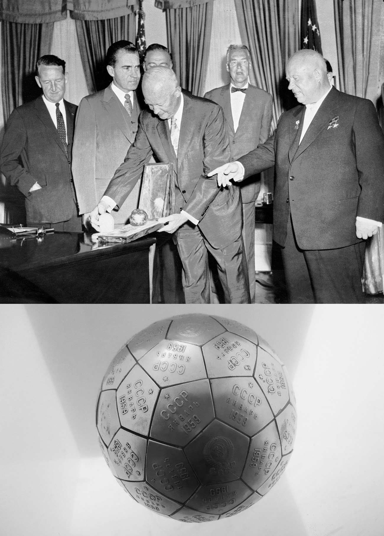 U nazočnosti potpredsjednika SAD-a Richarda Nixona (drugi slijeva) američki predsjednik Eisenhower (lijevo) promatra poklon (kopiju kugle s amblemima koja je poslana na Mjesec) dobiven od sovjetskog lidera Nikite Hruščova (desno) prilikom njegovog posjeta Americi 15. rujna 1959. u Washingtonu.

