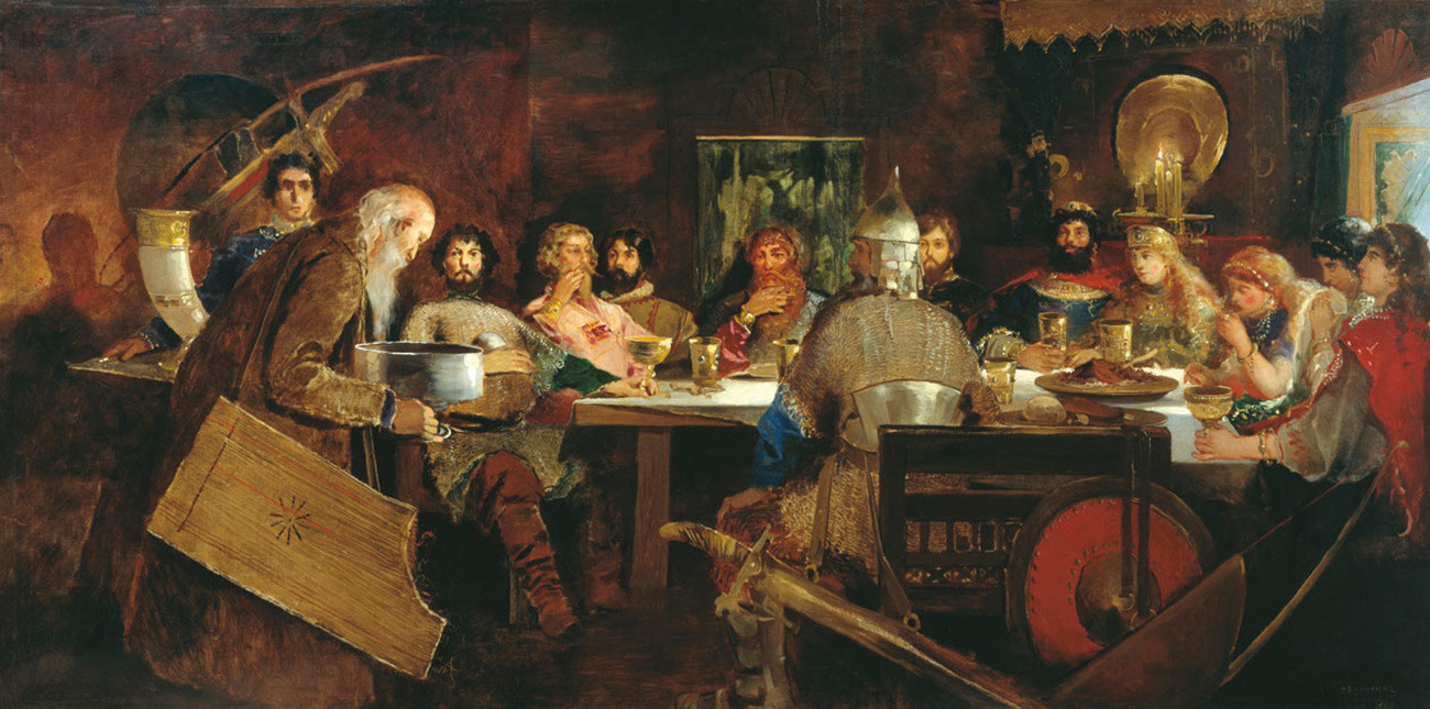 Bogatyrs at knyaz' Vladimir's table. Andrey Ryabushkin, 1888 