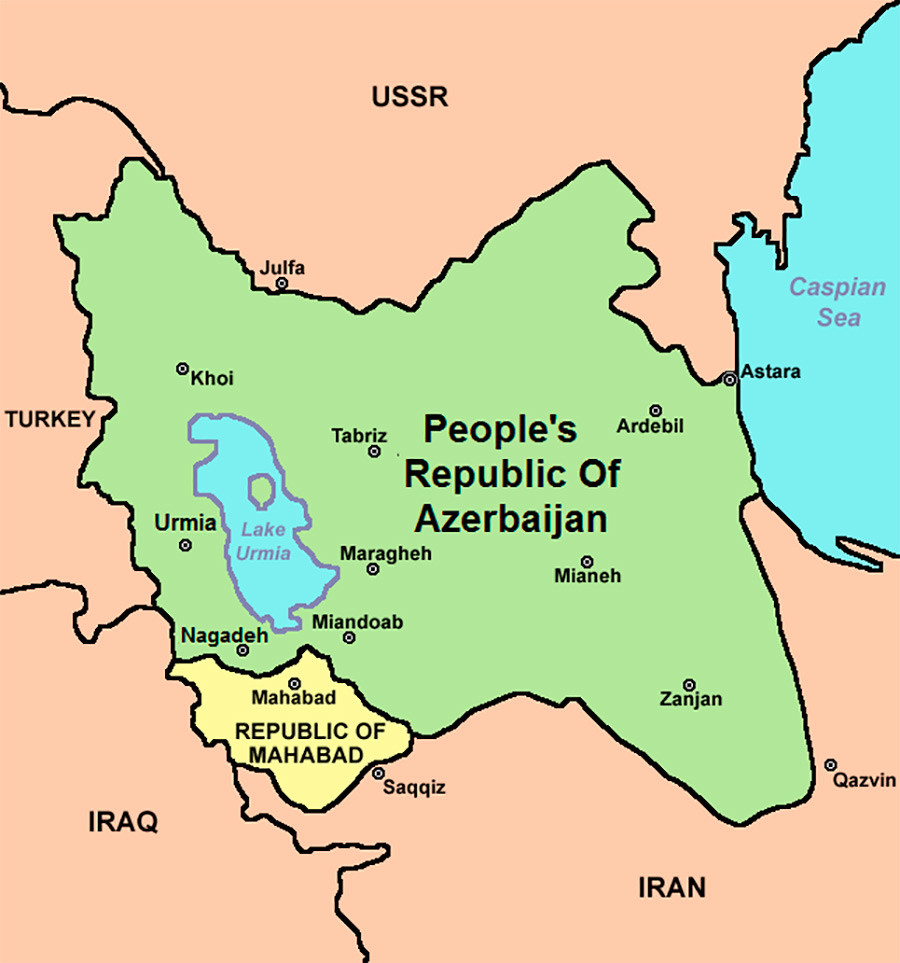 Demokratična republika Azerbajdžan in kurdska Republika Mahabad na zemljevidu

