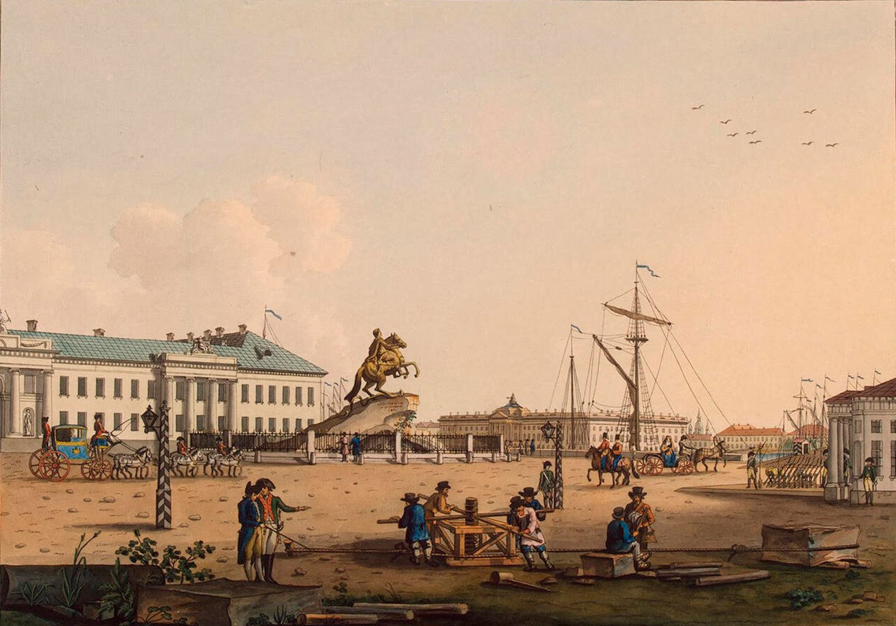 Гравюра, изображающая строительство Санкт-Петербурга в XVIII веке.
