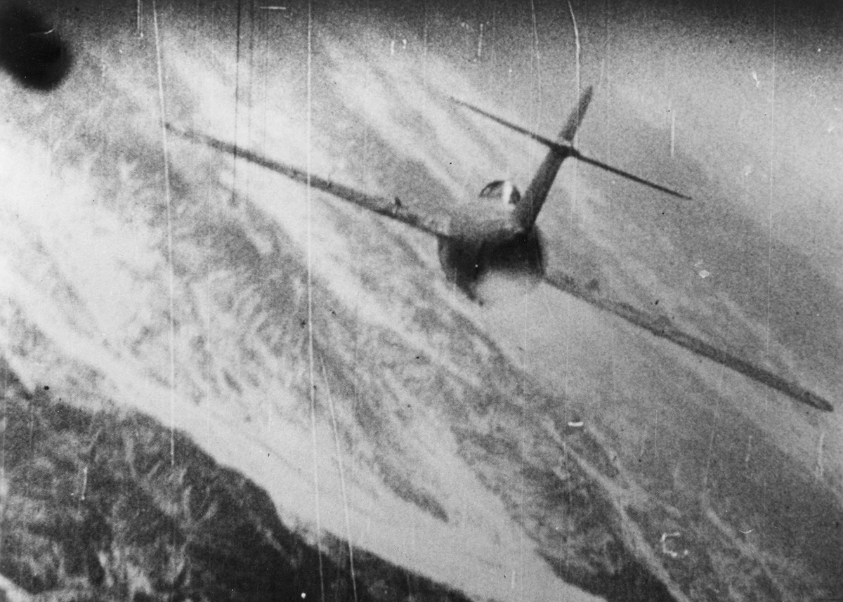Gun camera photo of a Mikoyan Gurevich MiG-15 being attacked by U.S. Air Force North American F-86 Sabre over Korea in 1952-53.