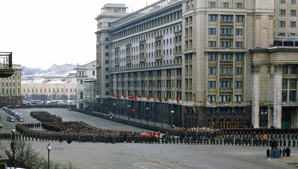 Funeral of Joseph Stalin, caught on camera by US assistant army attaché Major Martin Manhoff from the embassy balcony.