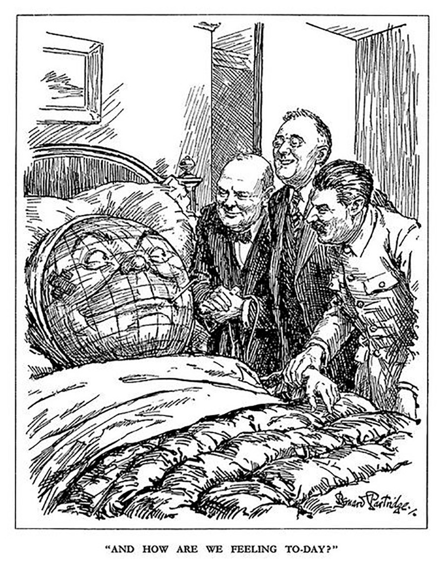21. Una de las pocas caricaturas occidentales que representan a Stalin de una manera positiva. Churchill, Roosevelt y Stalin, que aplastaron juntos el nazismo en 1945, tratan de consolar al mundo, que ha sufrido tremendamente.