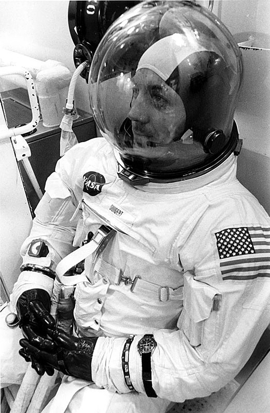 American astronaut Jack Swigert photographed during the Apollo 13 prelaunch countdown, on April 11, 1970, wearing an Omega watch. 