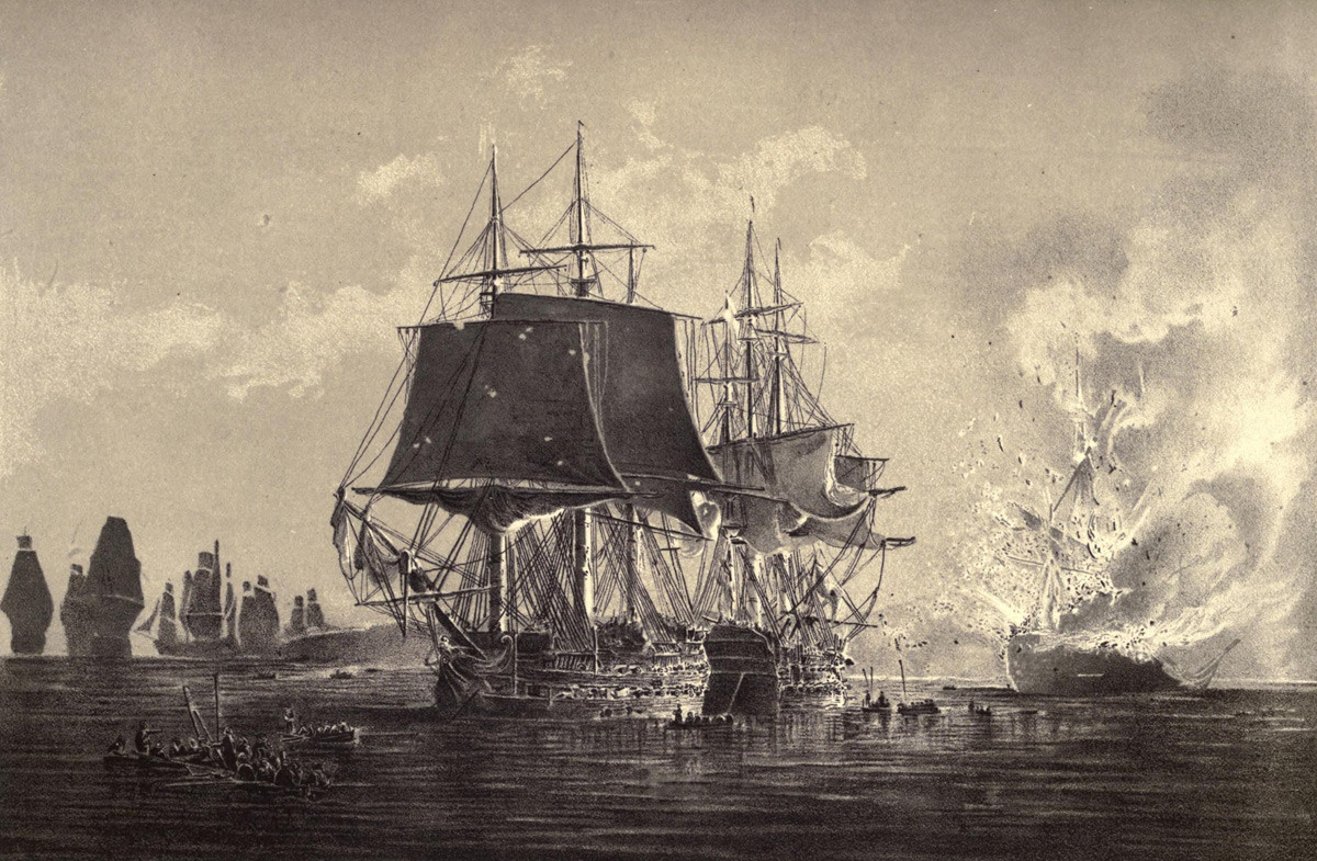 The Russian Ship Vsevolod, after the action with the Implacable, destroyed in the presence of the Russian Fleet. Rogerwick bay 1808. 