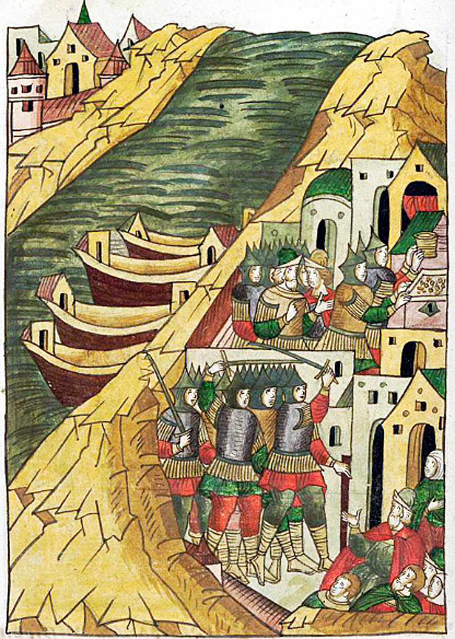 The Ushkuiniks conquer Kostroma. From The Illustrated Chronicle of Ivan the Terrible, 16th century.