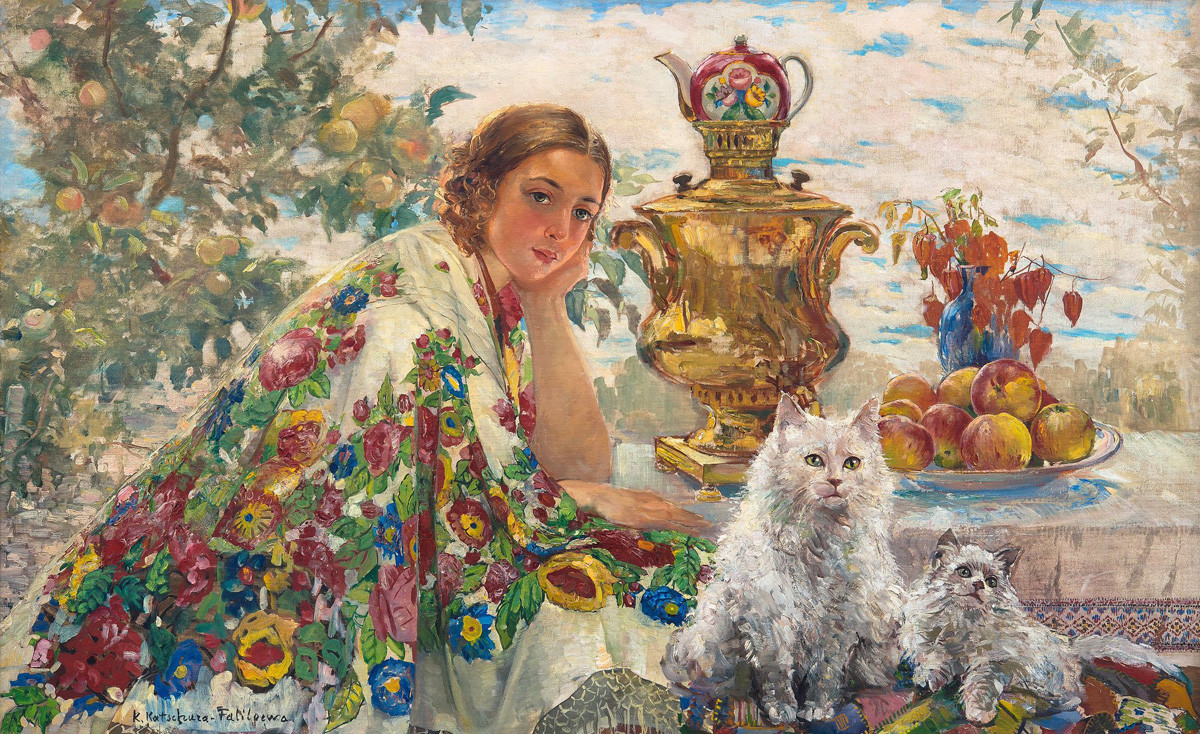 ‘Di Sebelah Samovar’ oleh Ekaterina Kaciura – Falileewa (1886 – 1948)