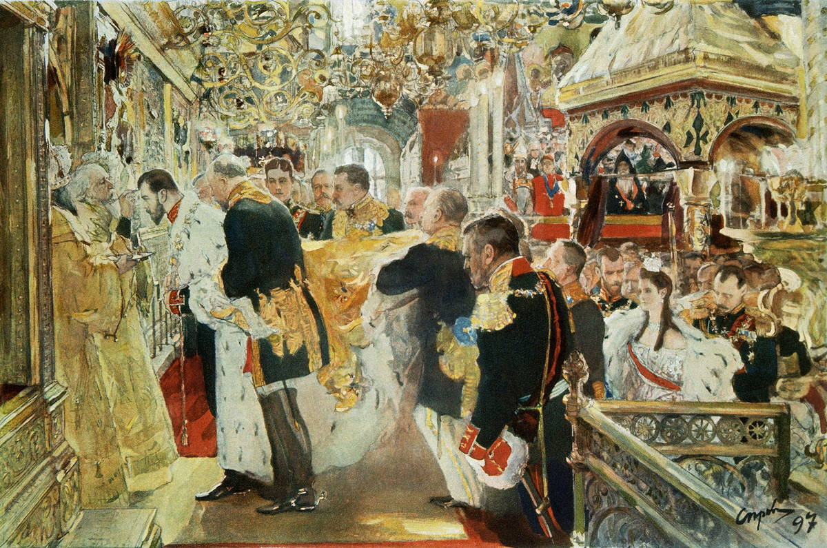 Миропомазање императора Николаја Александровича 	у Успенском храму (Серов). 