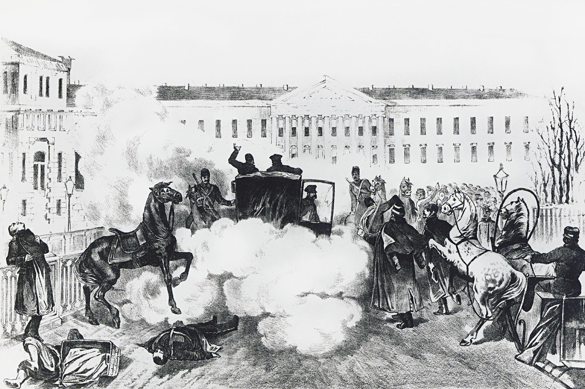 The assassination of Tsar Alexander II in St. Petersburg, Russia, 19th century.