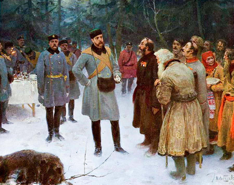 Gespräch von Alexander II. mit den Bauern während der Jagd