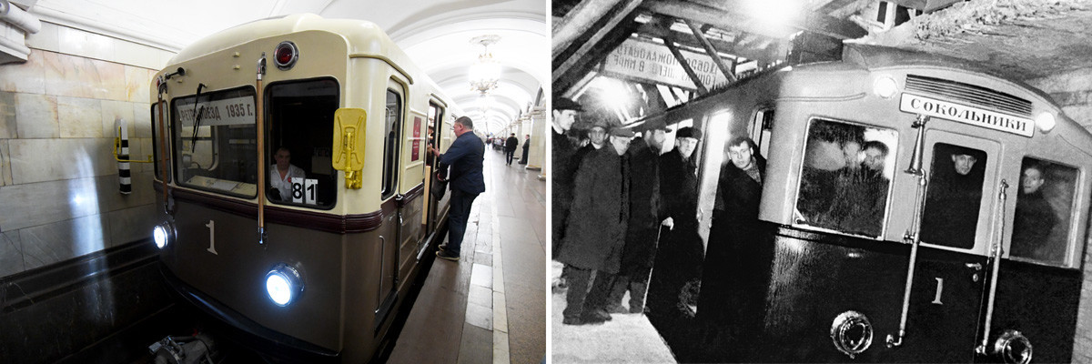 À esquerda, trem retrô na estação Sokolniki no estilo dos primeiros modelos; à direita, o primeiro trem do metrô de Moscou, 1935