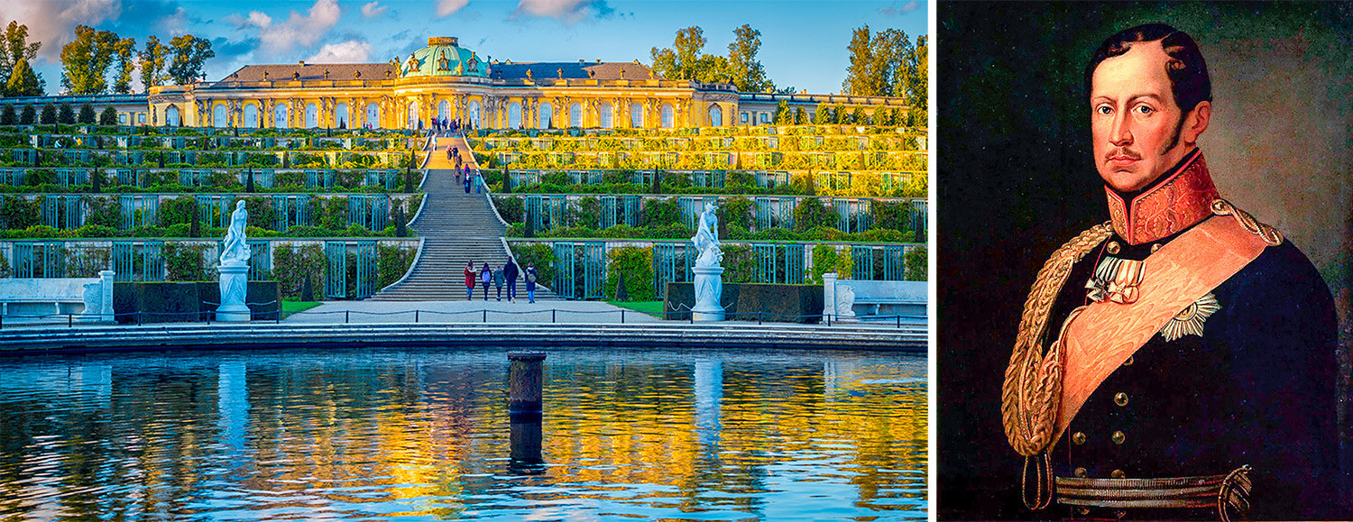 Lijevo: Palača Sanssouci. Desno: Fridrik Vilim III.

