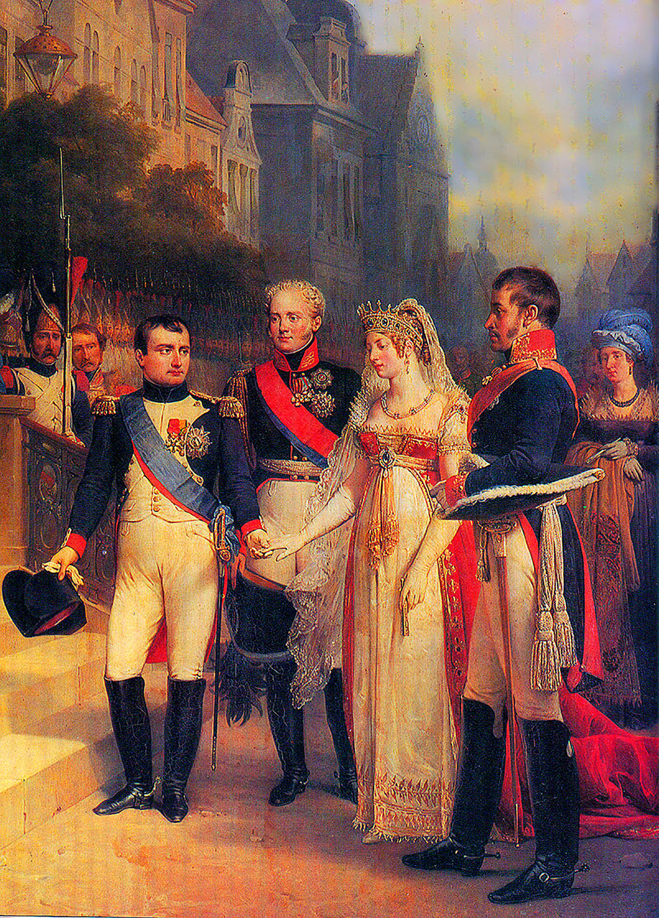Napoleon, Aleksandr I dari Rusia, Ratu Louise dari Prusia, dan Frederick William III di Tilsit, 1807.