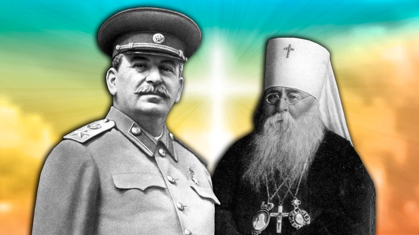 Josef Stalin dan Patriark Sergius, pemimpin Gereja Ortodoks di Uni Soviet selama Stalin berkuasa.