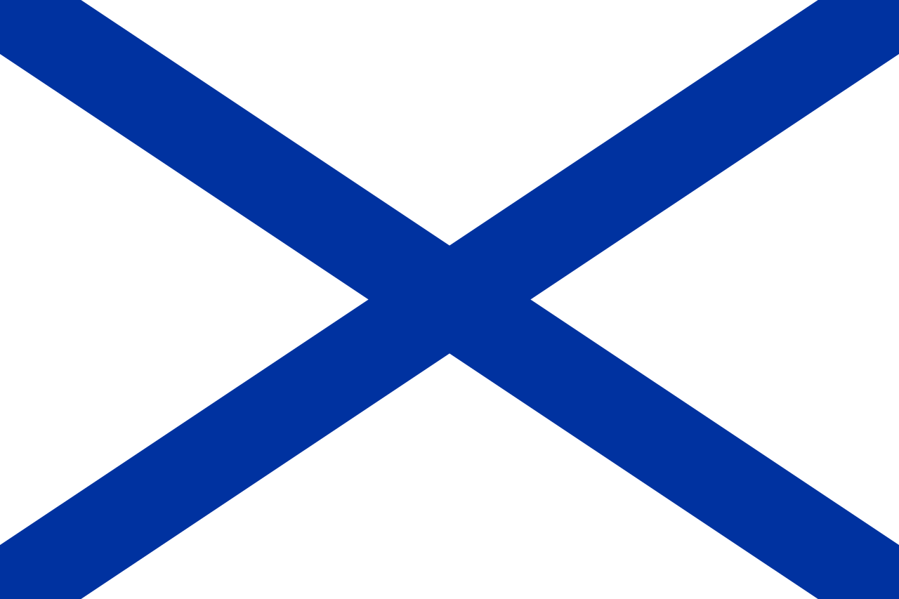 Zastava ruske vojne mornarice, kakršna je v uporabi od l. 2001 (od 1992 do 2001 je bila modra barva Andrejevega križa svetlo modra). 