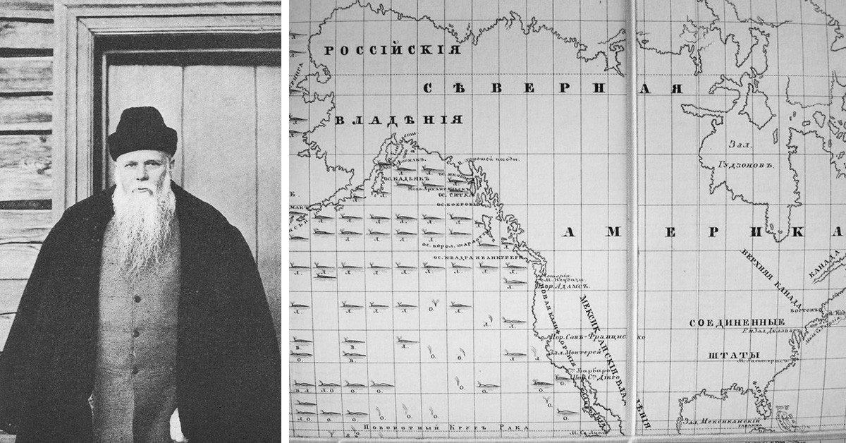 Guennadi Ioudine et détails de la carte montrant les vastes exploitations russes d'Amérique du Nord, 1852