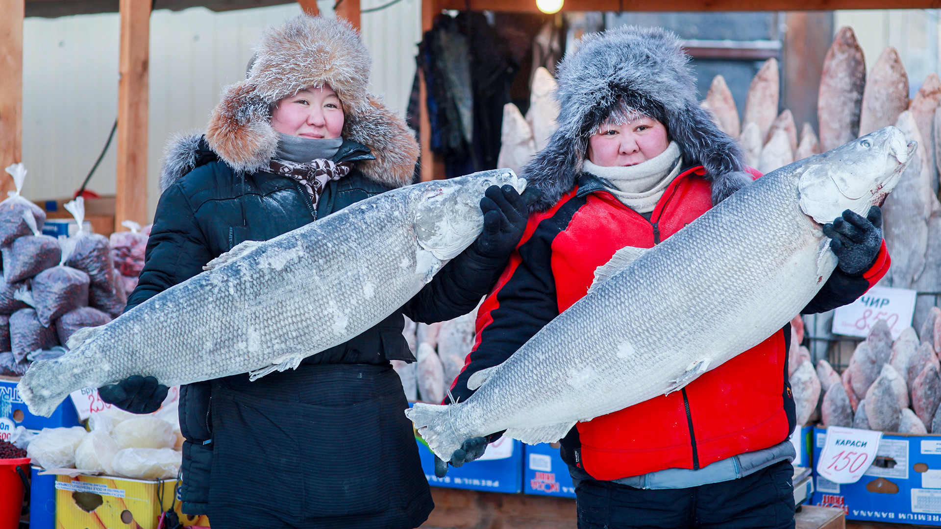 Продавцы торгуют рыбой на Крестьянском рынке в 30-градусный мороз.