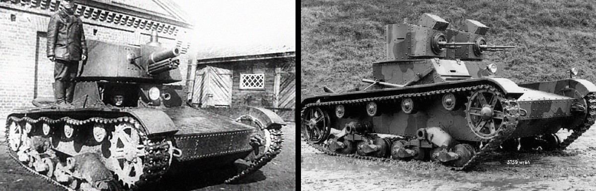 Тенкот Т-26 со купола А-43 и тенкот Викерс Марк Е (Тип А) на почетокот на триесеттите години од минатиот век.