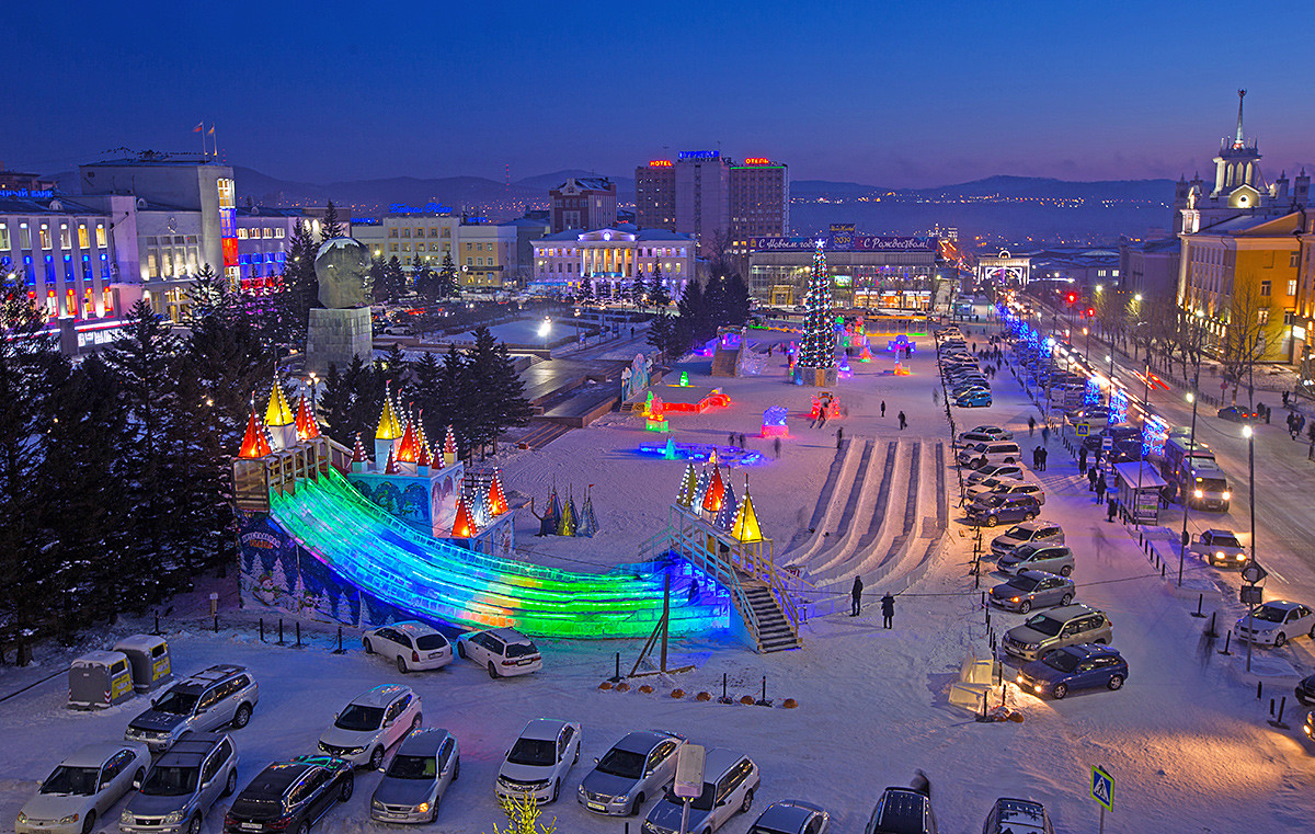 Decorations in Lenin Square in Ulan-Ude, Buryatia, Russia, several days before New Year's Eve celebration.
