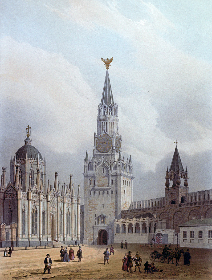 The Ascension Monastery (demolished in 1929) and the Spasskaya Tower in the Moscow Kremlin. A reproduction from the album 