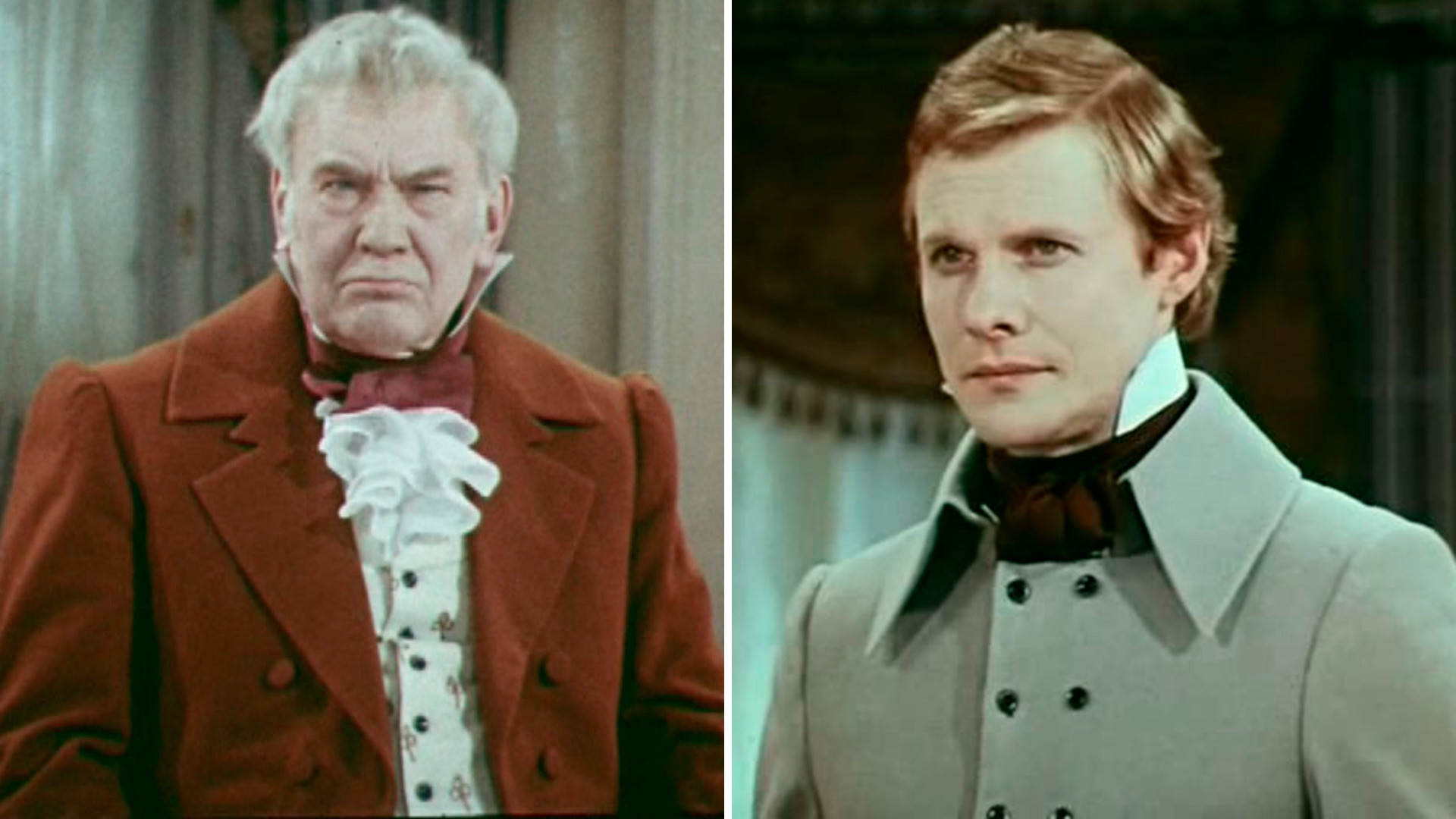 Mikhail Tsarev (L) as Pavel Famusov, Vitaliy Solomin (R) as Alexander Chatsky in a 1977 Soviet teleplay 'Woe from Wit'
