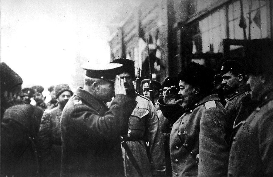 White Russian General Anton Denikin (R) meets British Major-General Frederick Poole, Russia, 1918.
