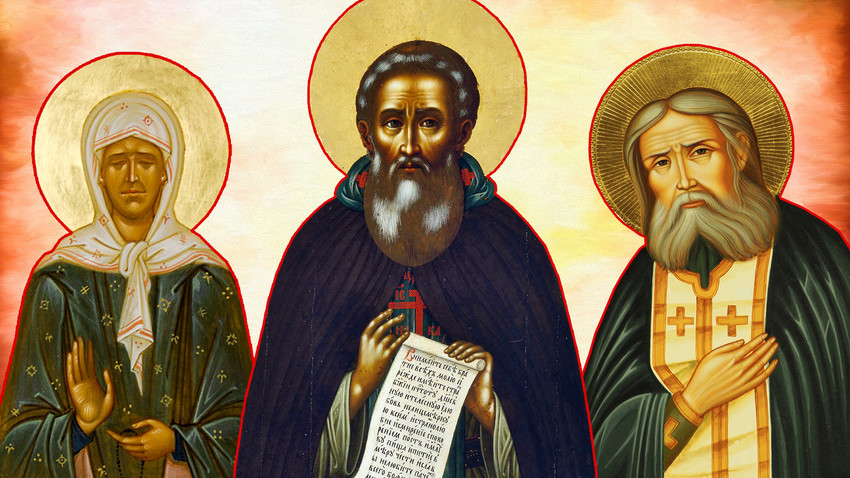 Trois saints russes : Matrone de Moscou, Serge de Radonège, Séraphin de Sarov