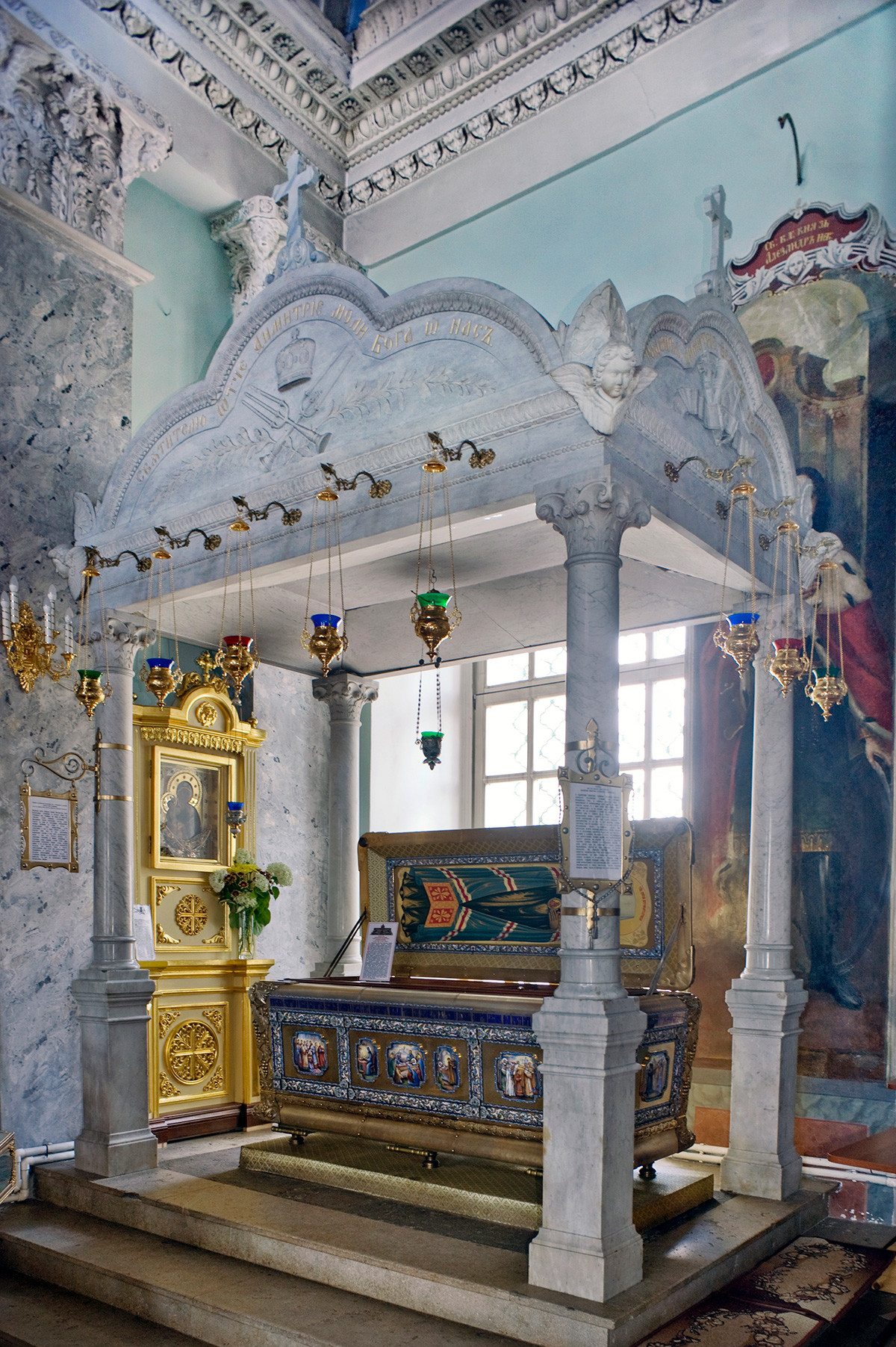 St. Dimitry Cathedral interior. Baldachin with silver sarcophagus  (third) containing relics of St. Dimitry of Rostov. July 7, 2019 