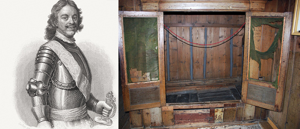 Peter the Great (L) and the cupboard bed he slept in, exhibited in Zaandam in Holland (R)