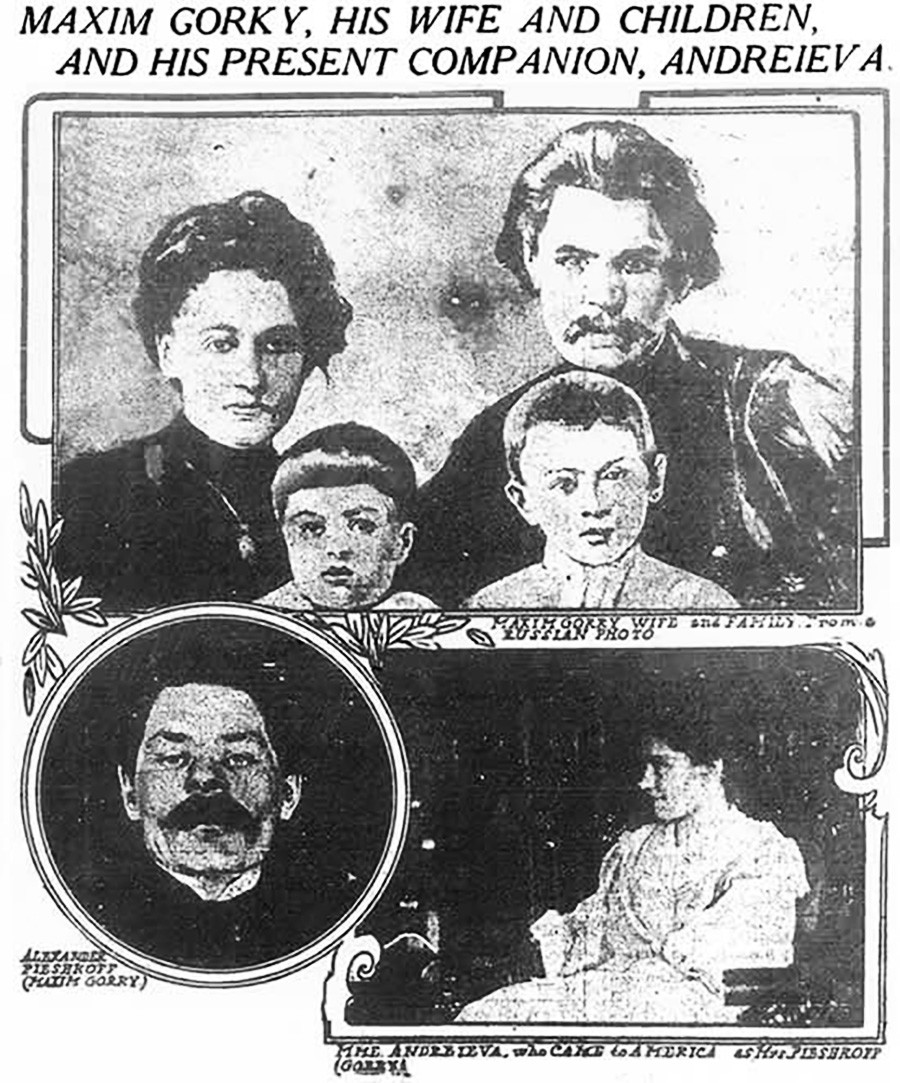 Фотоколлаж в газете New York World: вверху — Максим Горький с женой Екатериной Пешковой и их детьми; справа внизу — Мария Андреева, слева — сам Горький