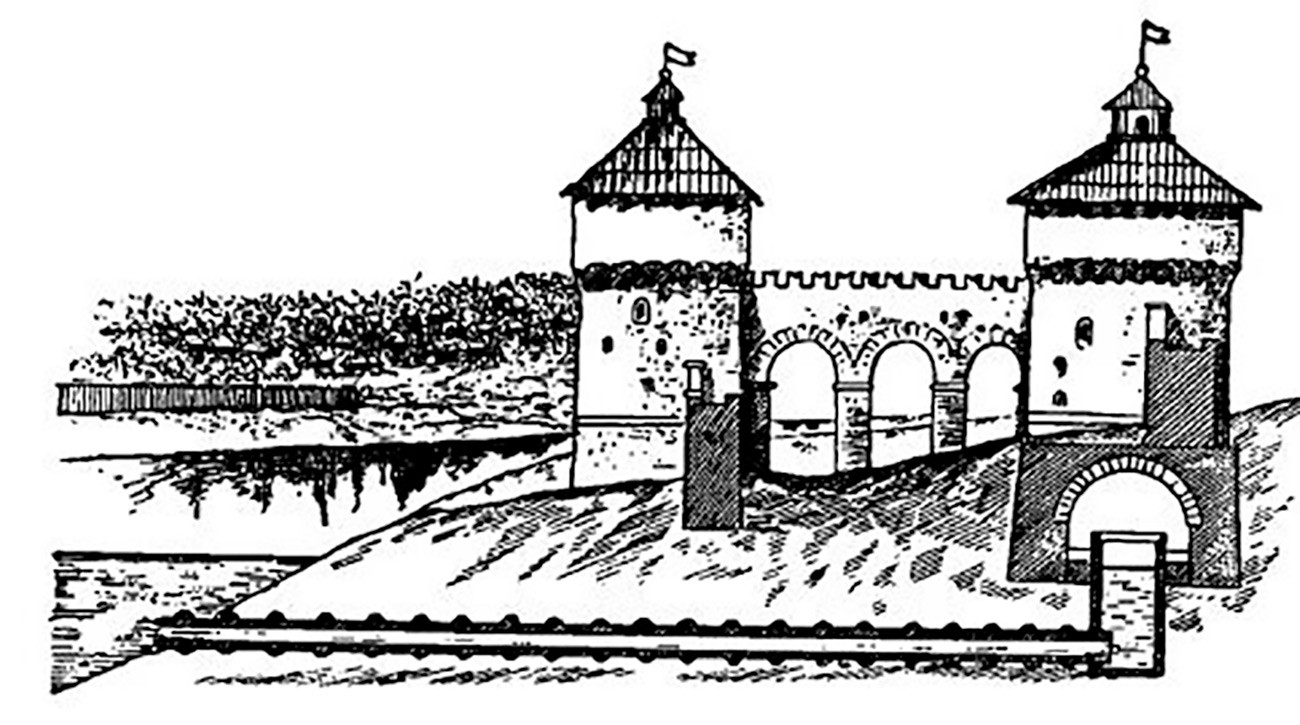 Gambar konstruksi bagian dalam menara Taynitskaya dan sumur rahasia.