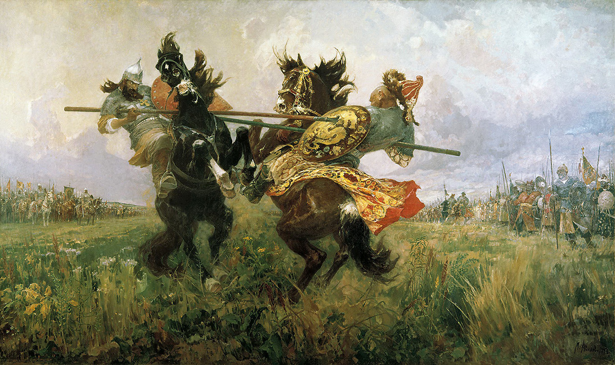 『クリコヴォでのペレスヴェトとチェルベイの一騎打ち』、ミハイル・アヴィロフ
（1943年）