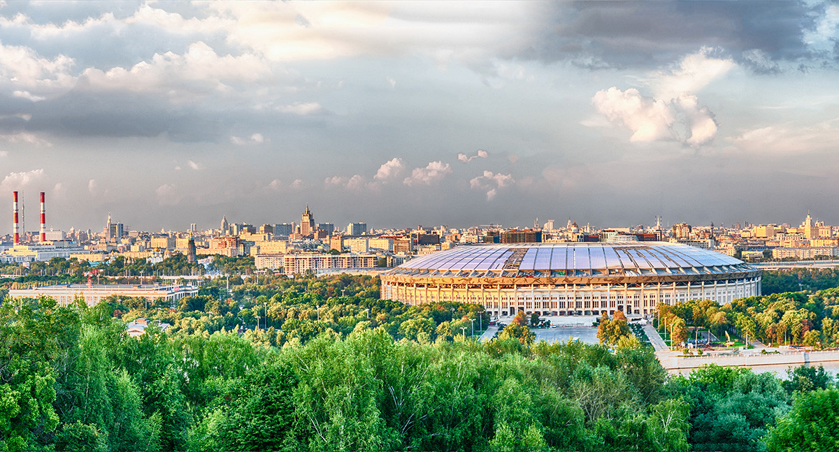 Panoramic view of central Moscow and Luzhniki Stadium from Sparrow Hills