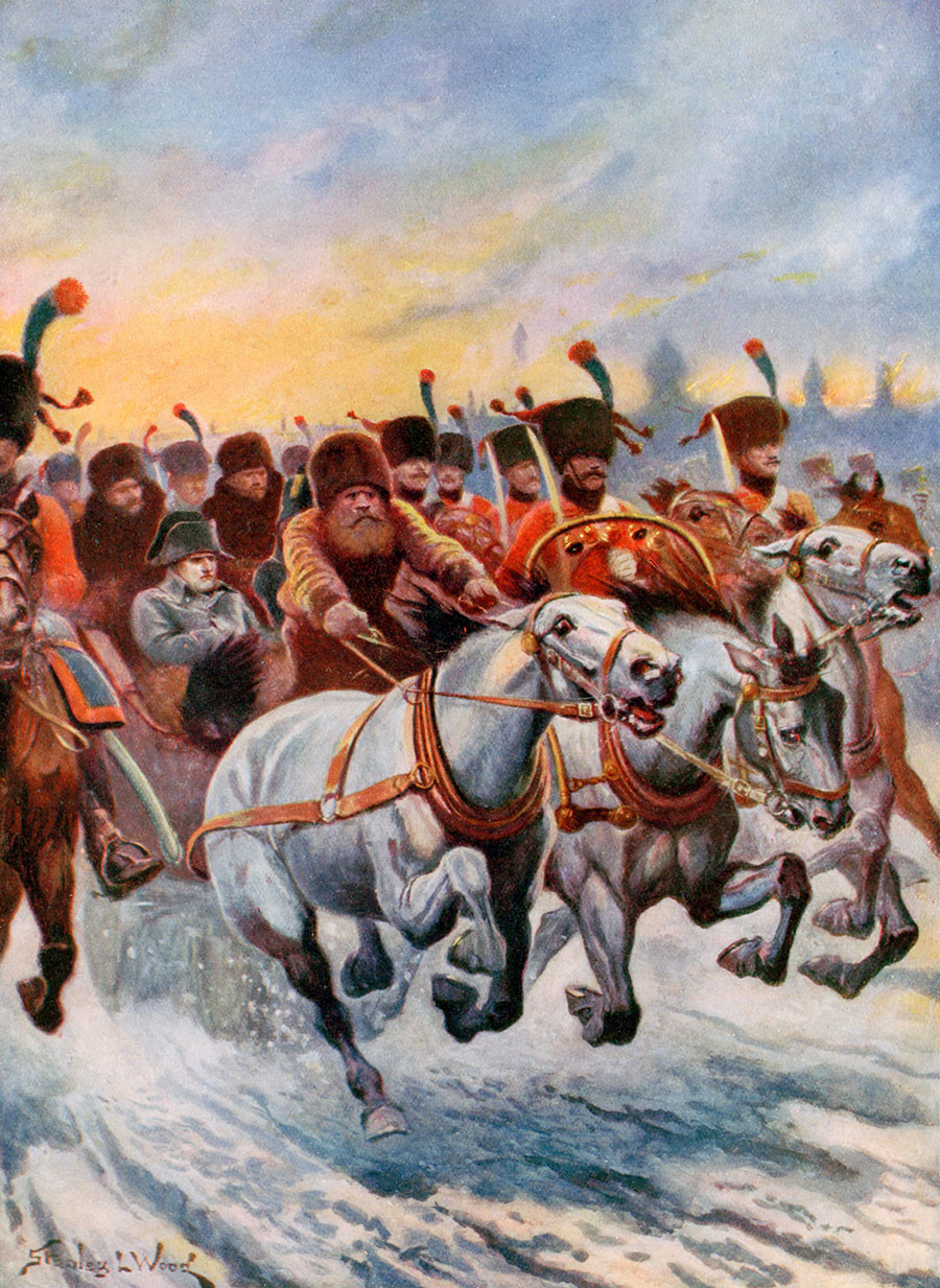 Наполеон се оттегля от Москва, 1812 г. Илюстрация в книга от началото на ХХ в.
