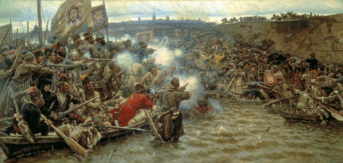 'Conquista de Siberia por Yermak' por Vasili Surikov, 1895. En la foto se muestra la batalla del cabo Chuvash. 