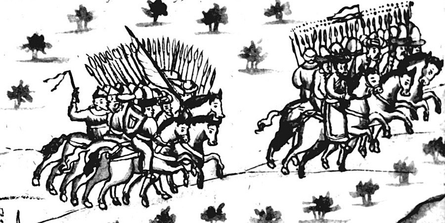 El Kan Kuchum parte desde Kashlyk. Illustración de la Crónica Remezov, finales del siglo XVII.