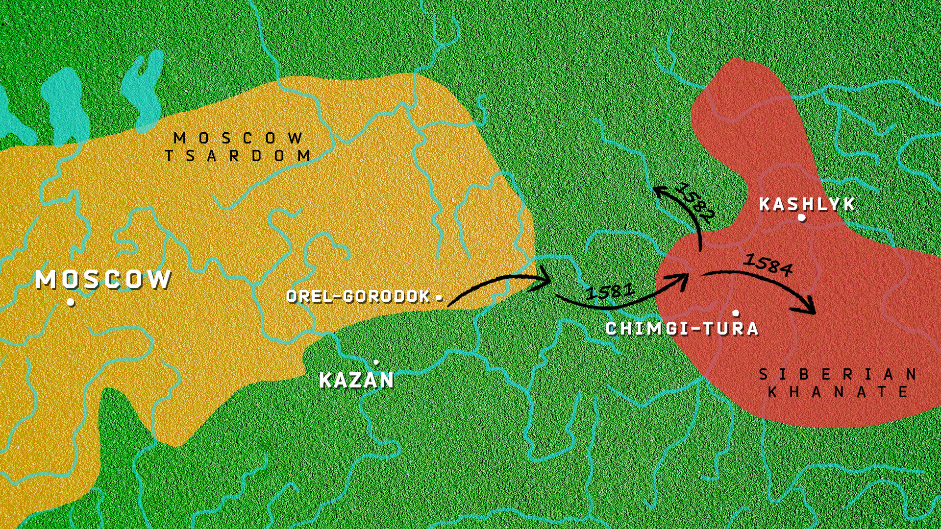 Peta Ketsaran Moskow dibandingkan dengan Kekhanan Sibir. Panah hitam menunjukkan perkiraan rute pasukan Yermak.