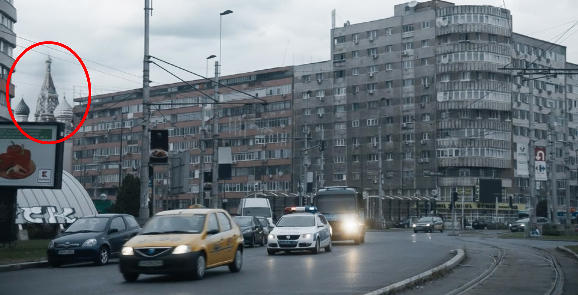 This scene from Killing Eve is pure Bucharest, complete with license plates and adverts in Romanian - but Moscow's St. Basil's Cathedral was edited into the background to make it look more like Moscow