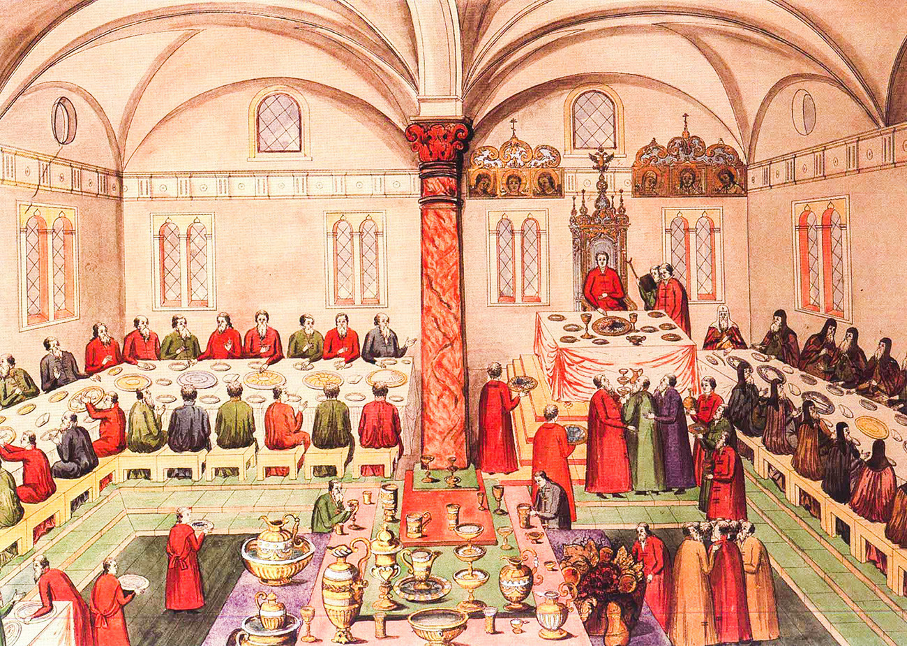 Banquete no Palácio das Facetas do Kremlin de Moscou, no século 17. A ordem de se sentar em tais banquetes era cuidadosamente elaborada para não ofender ninguém.