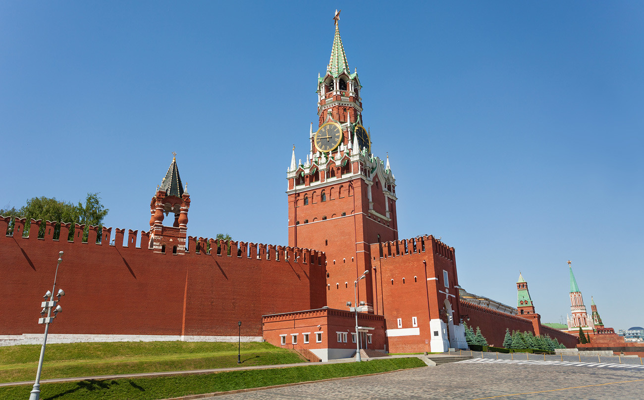 The real Kremlin, seen here from the same angle, is brick-colored and thankfully still in one piece
