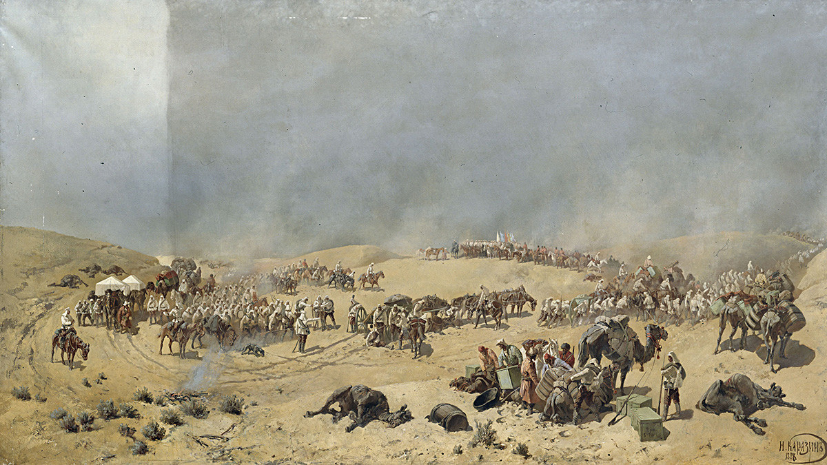  Khiva campaign of 1873. Russian troops are crossing the death sands to the wells of Adam-Krylgan, by Nikolay Karazin, 1888.