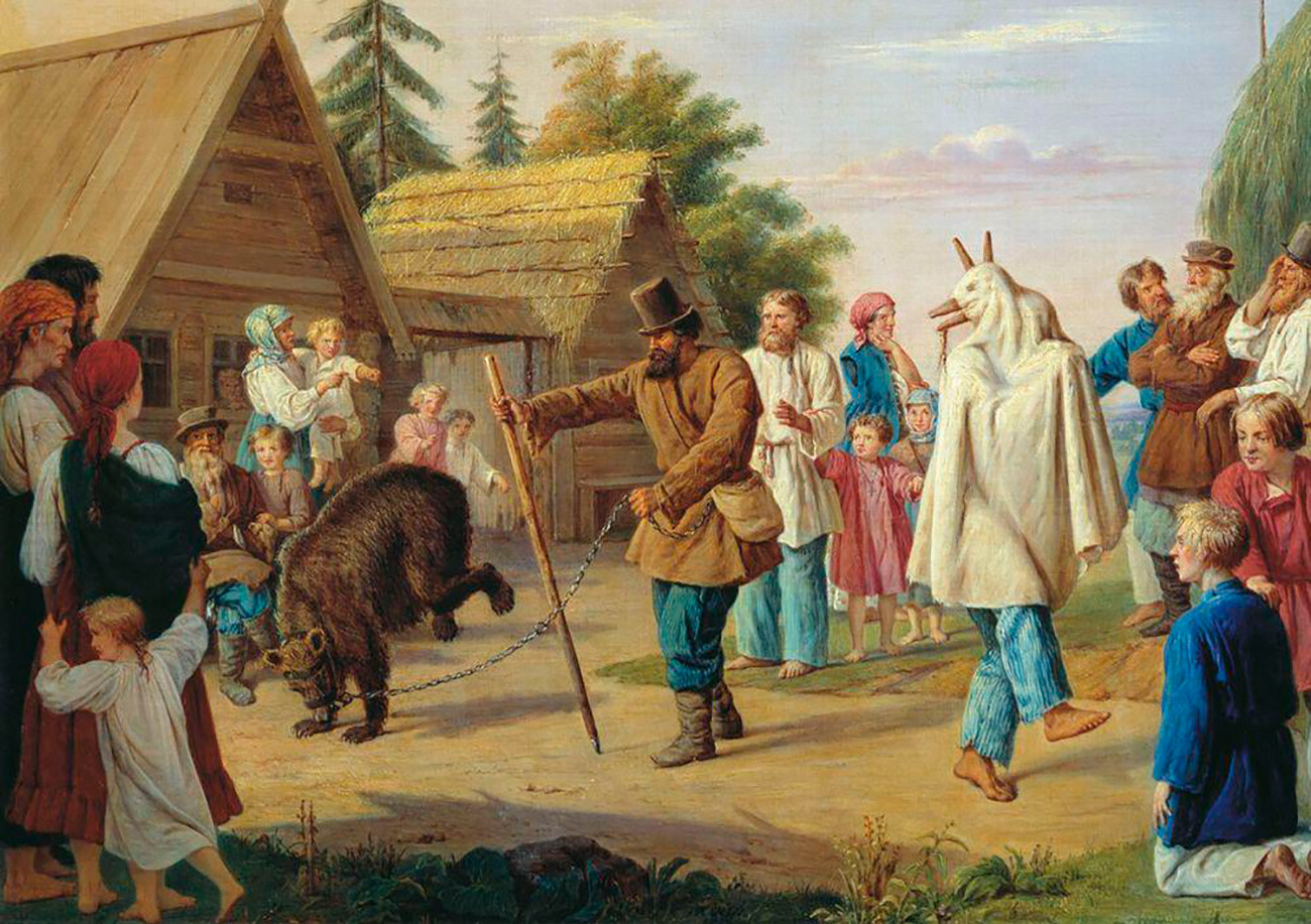 Skomorokhs in the village. Chromolithograph. Russian Empire, 1857. --- 