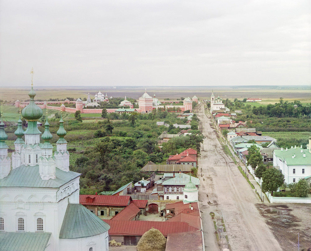 Suzdal. View north from bell tower of Convent of the Deposition of the Robe. Distant left: Savior-St. Evfimy Monastery with Intercession Church (left), Transfiguration Cathedral, Gate Church of Annunciation. Summer 1912
