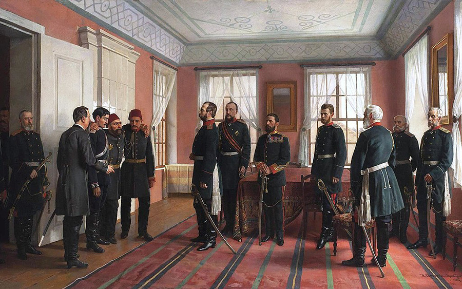 Заробљеног Осман-пашу, команданта турских трупа у Плевни, изводе пред руског императора Александра II на дан када су Руси заузели Плевну 29. децембра 1877. Николај Дмитријев-Оренбуршки.